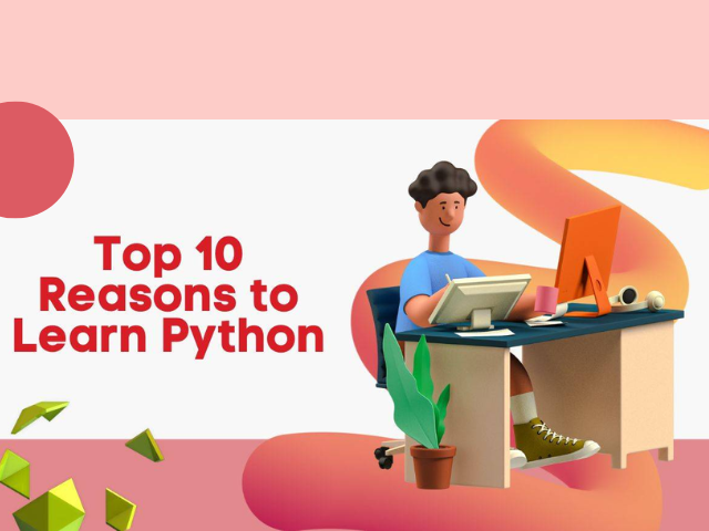 Developer writing Python code on a laptop surrounded by programming symbols.